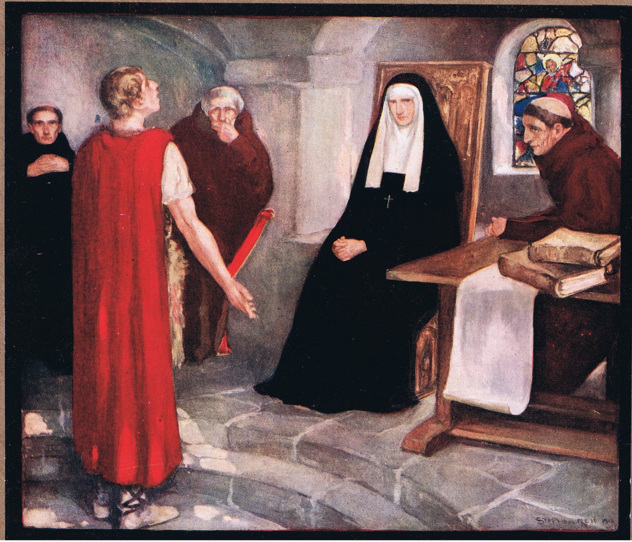 Caedmon diante de Santa Hilda (cor litho) de Stephen Reid