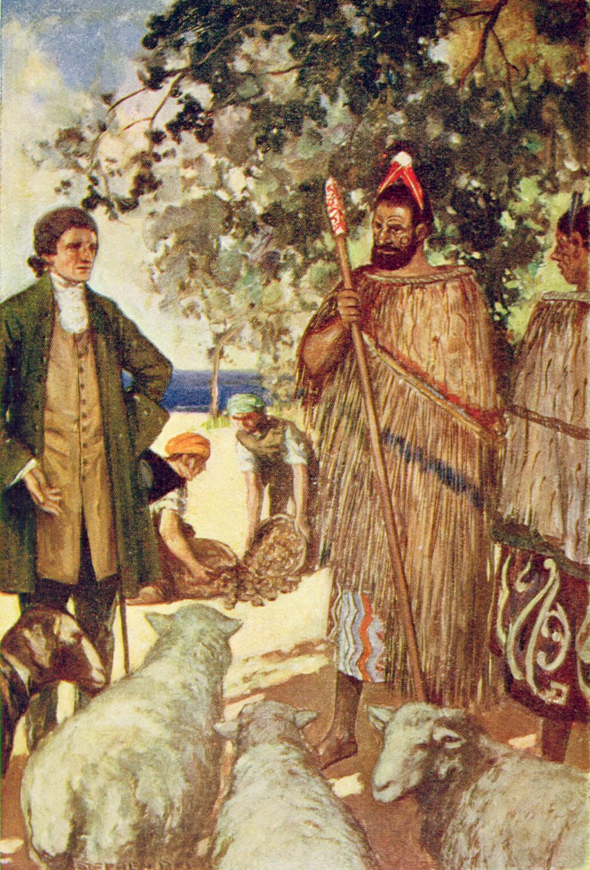 Capitão Cook (1728-79) presenteia os nativos com algumas ovelhas e cabras, ilustração de 
