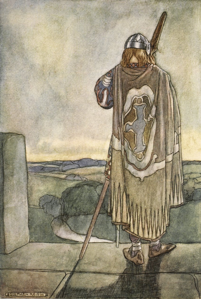 Finn ouviu de longe as primeiras notas da harpa de fadas, frontispício de "The High Deeds of Finn, and other Bardic Romances of Ancient Ireland" de T.W. Rolleston (lito a cores) de Stephen Reid