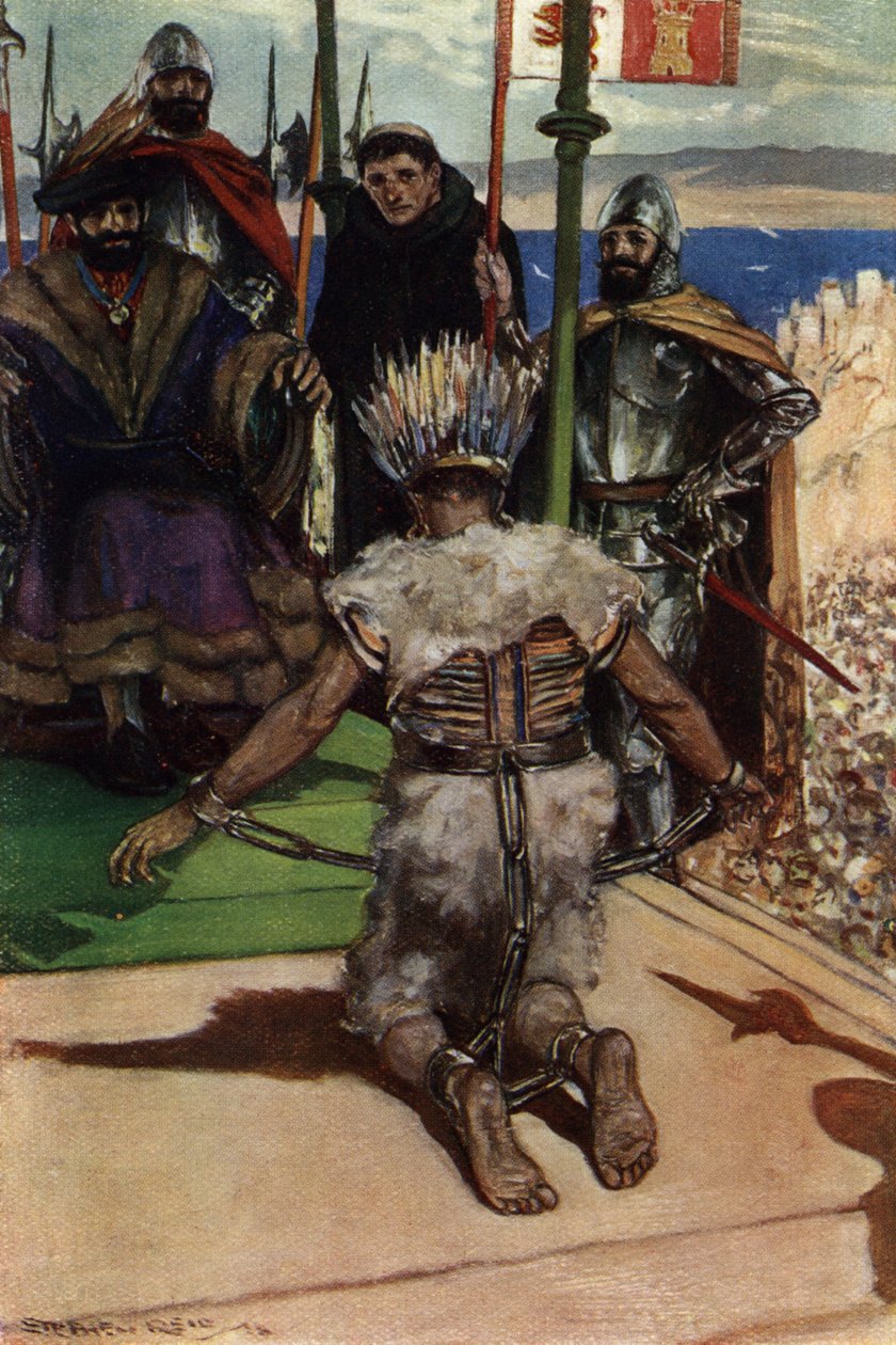 Montezuma II feito prisioneiro pelas Cortes hernanas em 1519 de Stephen Reid