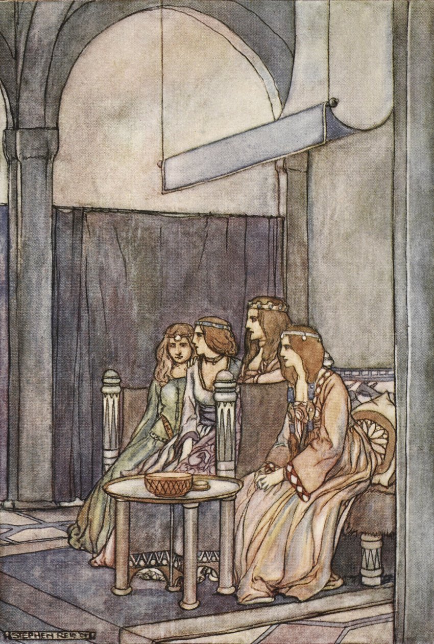 Ali sentaram-se as três donzelas com a Rainha, ilustração de 
