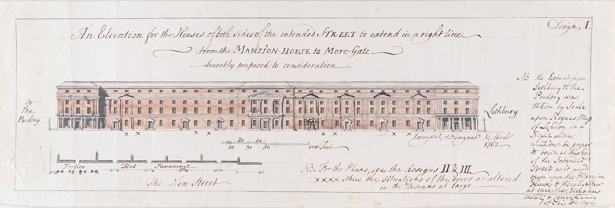 Projeto para as Casas de ambos os lados da Rua destinada a se estender em uma linha reta da Casa da Mansão para o Mais-Portão humildemente proposto para consideração, 1762 (wc sobre caneta e grafite sobre papel) de Stephen Riou