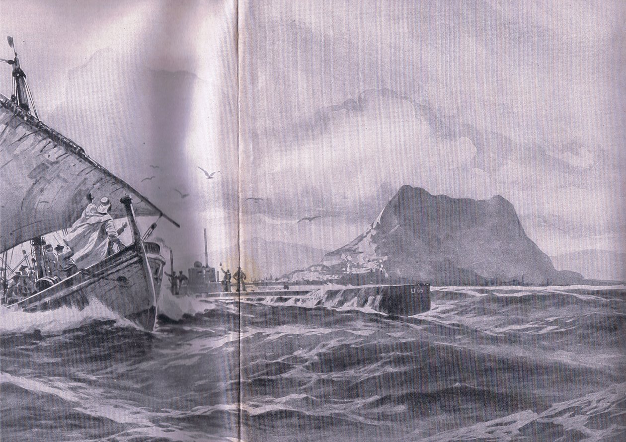 Submarino alemão viajando pelo estreito de Gibralter a caminho de Dardenelles, de The Illustrated History of the World War 1914-1915 pub. por Union Berlagsefellfchaft de Willy Stoewer 