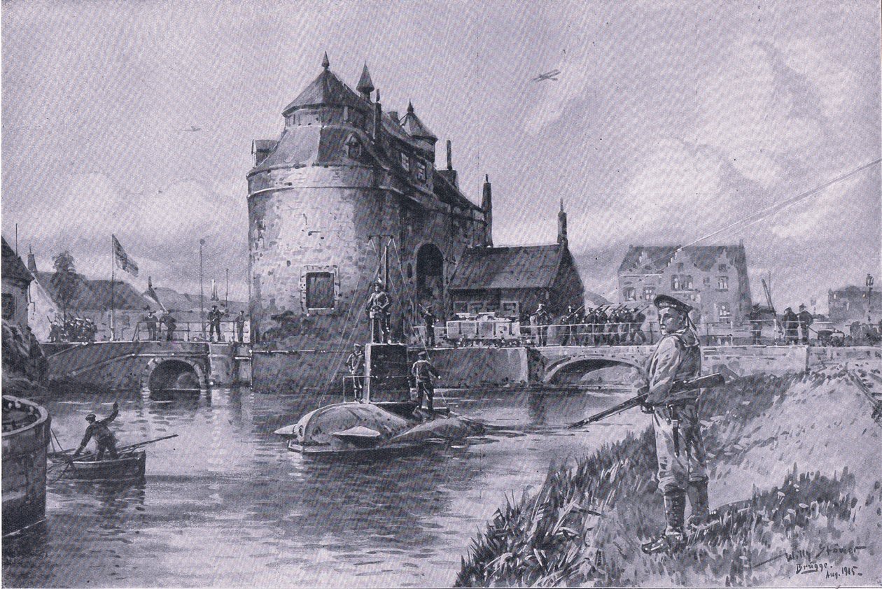 Um porto seguro em Bruge, de The Illustrated History of the World War 1914-1915 pub. por Union Berlagsefellfchaft de Willy Stoewer 