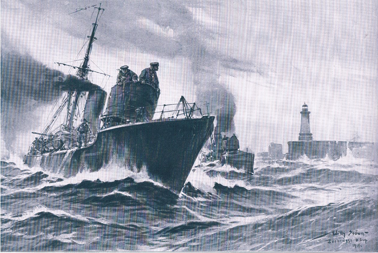 Barcos de patrulha e varredores de minas que saem do porto de Zeebrugge, de The Illustrated History of the World War 1914-1915 pub. por Union Berlagsefellfchaft de Willy Stoewer 