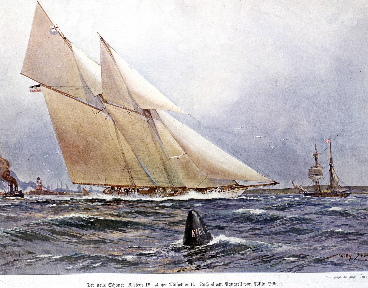 Regata: O Veleiro "Meteor IV" - Aguarela de Willy Stower de Willy Stoewer 
