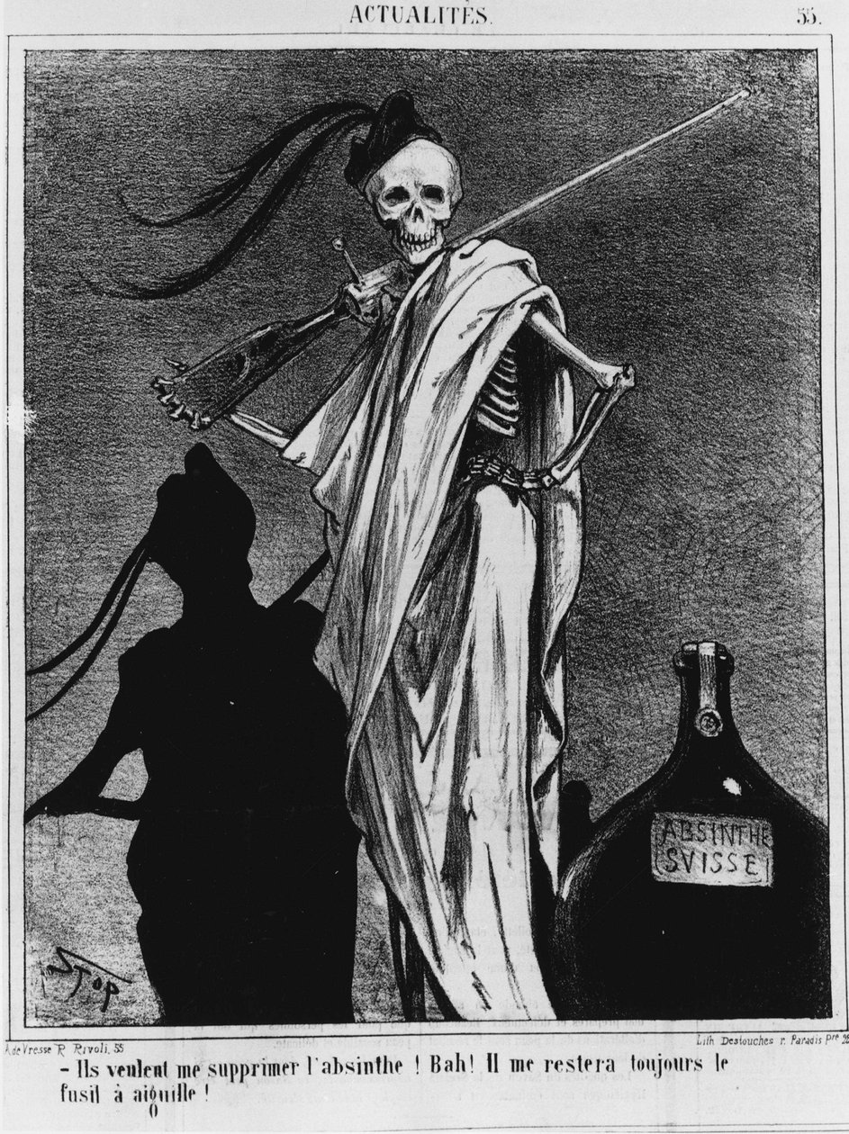 O alcoolismo no século XIX, a morte diz: "Eles querem remover o absinto de mim! Bah! Eu terei sempre a espingarda de agulha de sobra!" - desenho de Stop em "Charivari" de 12/04/1867 de Stop