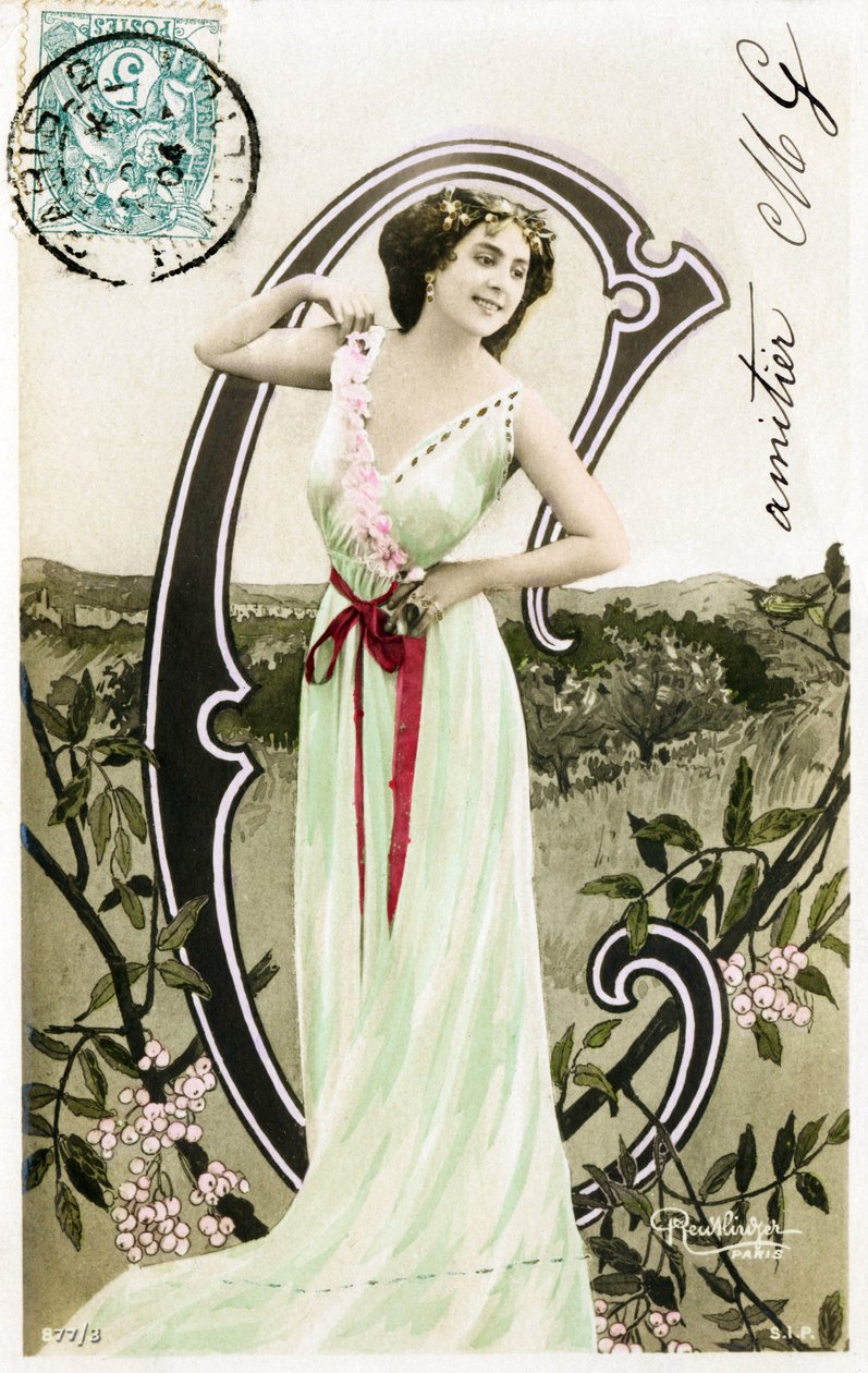 C: Bianca Toledo, artista, cantora e dançarina sevilhana de la Belle Epoque - Casino de Paris, Folies Bergere, Jardin de Paris - Alfabeto em cartão-postal de Studio Reutlinger