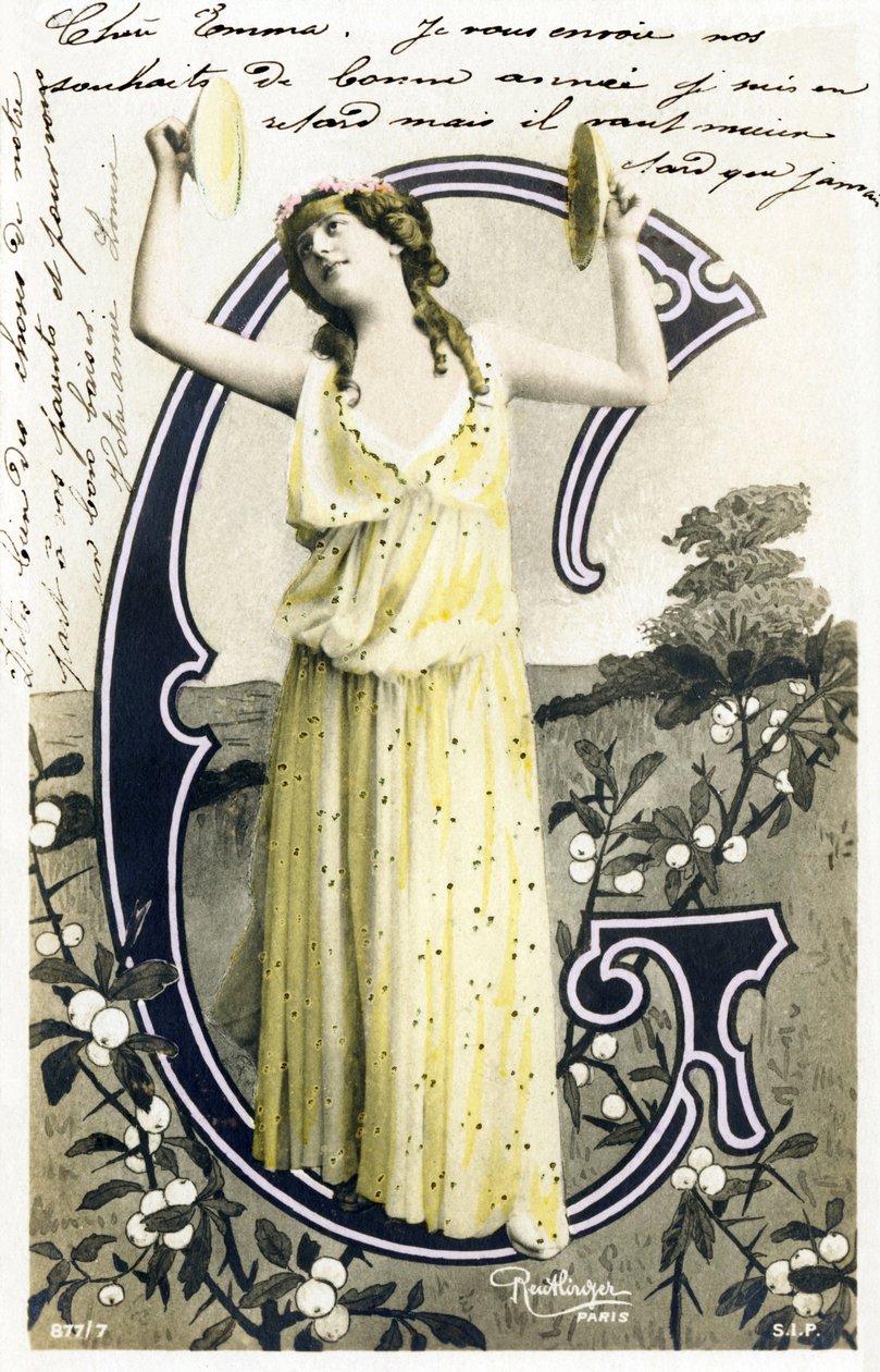 G: Louise Myriel, atrizes e cantora lírica de la Belle Epoque - Folies Bergere, Gymnase, Gaite, Paris - Alfabeto em cartão postal de Studio Reutlinger