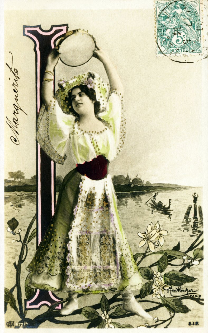 I: Mlle Fischer, artista dos anos 1900 - AAlfabeto em cartão postal de Studio Reutlinger