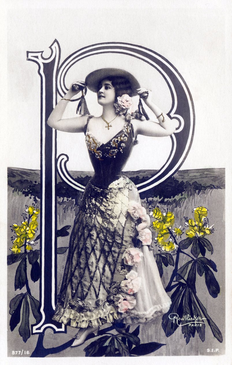 P: Mlle Lolita, artista dos anos 1900 - Alfabeto em cartão postal de Studio Reutlinger