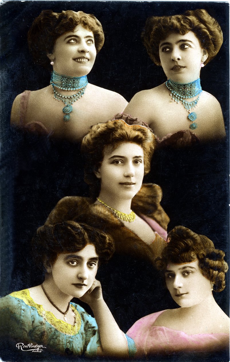 Cartão postal do início do século XX: mosaico de rostos de 5 jovens mulheres (foto) de Studio Reutlinger