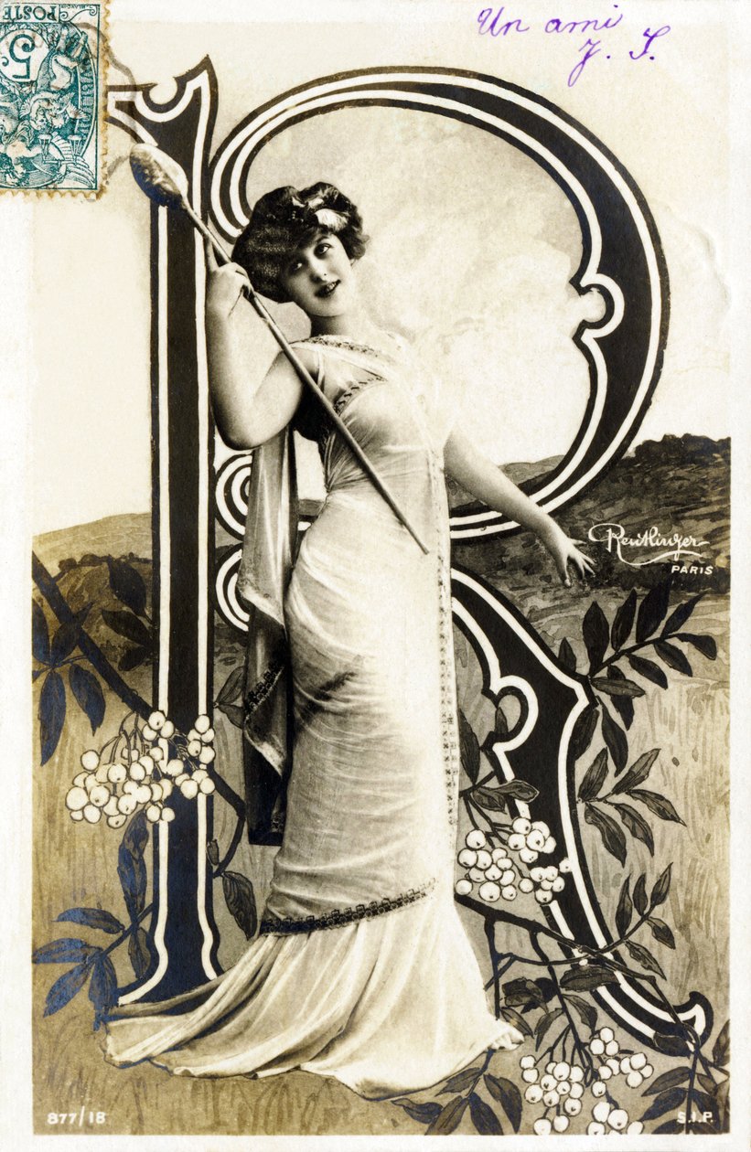 R: Gabrielle Robinne, atriz francesa, Comedie Française, Paris - Alfabeto em cartão postal de Studio Reutlinger
