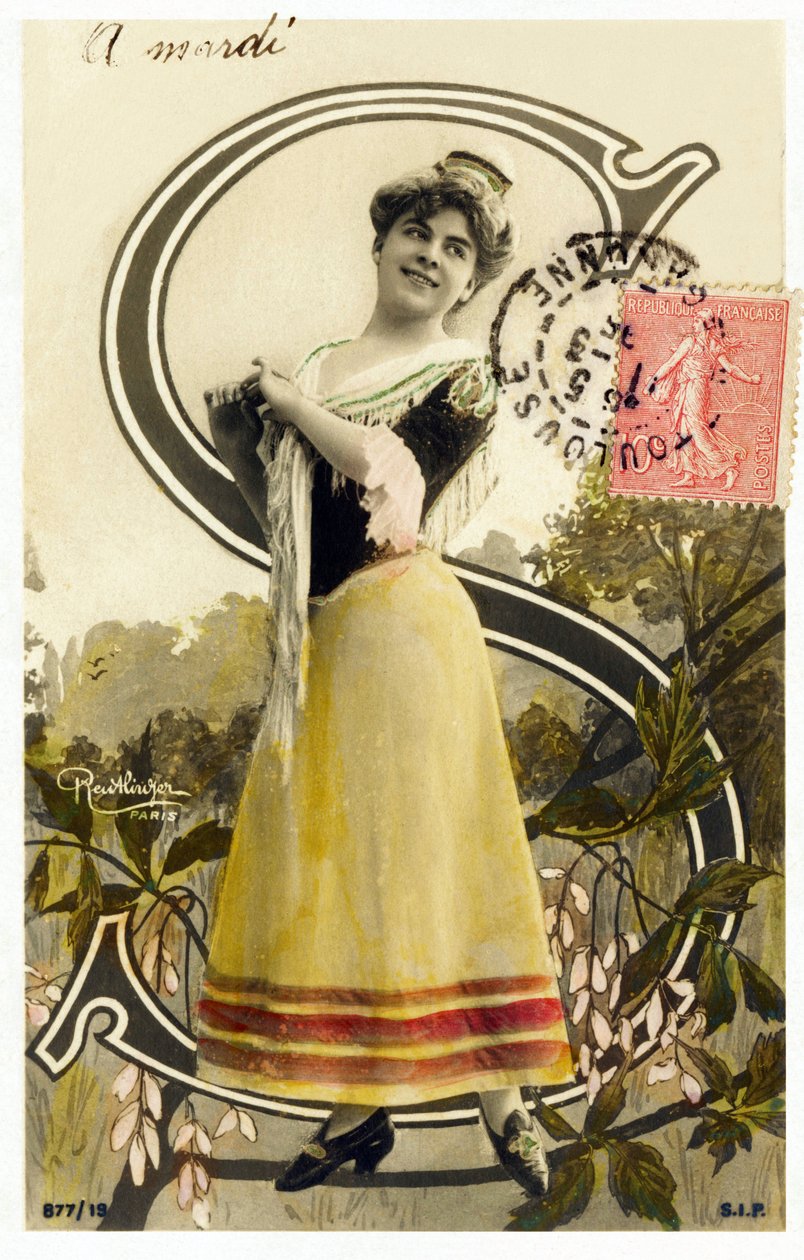 S: Mlle Caux, artista dos anos 1900 - Alfabeto em cartão postal de Studio Reutlinger