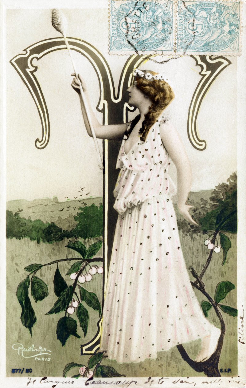 T: Louise Myriel, atriz e cantora lírica de la Belle Epoque - Folies Bergère, teatros du Gymnase, de la Gaite, Paris - Alfabeto em cartão postal de Studio Reutlinger