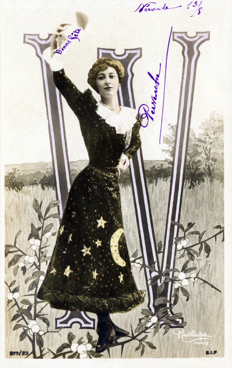 W: Liane De Pougy, dançarina e courstisane da Belle Epoque - alfabeto em cartão postal de Studio Reutlinger