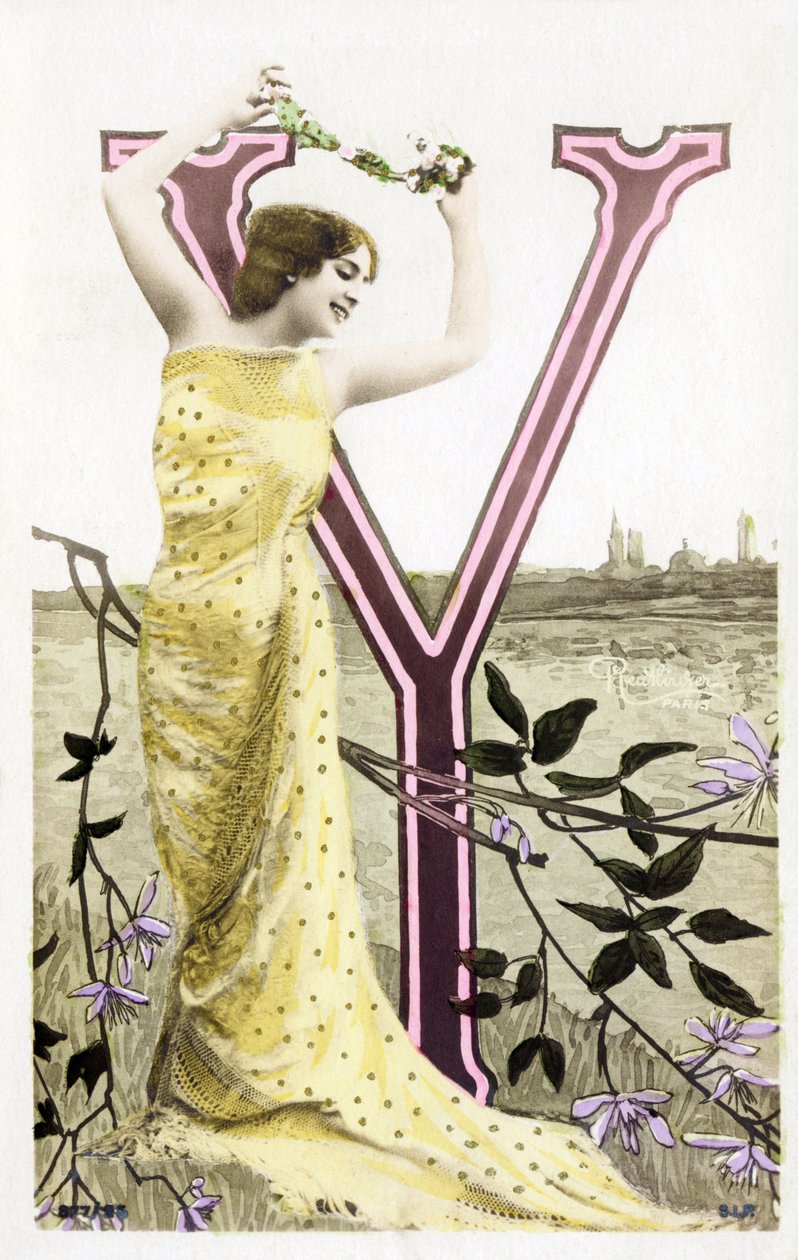 Y: Bianca Toledo, artista, cantora e dançarina sevilhana da Belle Epoque - Casino de Paris, Folies Bergere - alfabeto em cartão postal de Studio Reutlinger