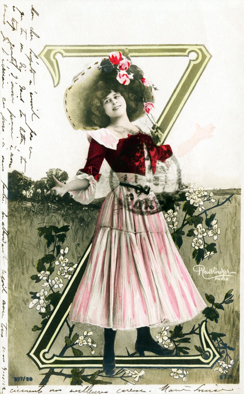 Z: Constance Elise De Vere, atriz francesa de origem inglesa nascida na Bélgica, alfabeto em cartão postal de Studio Reutlinger