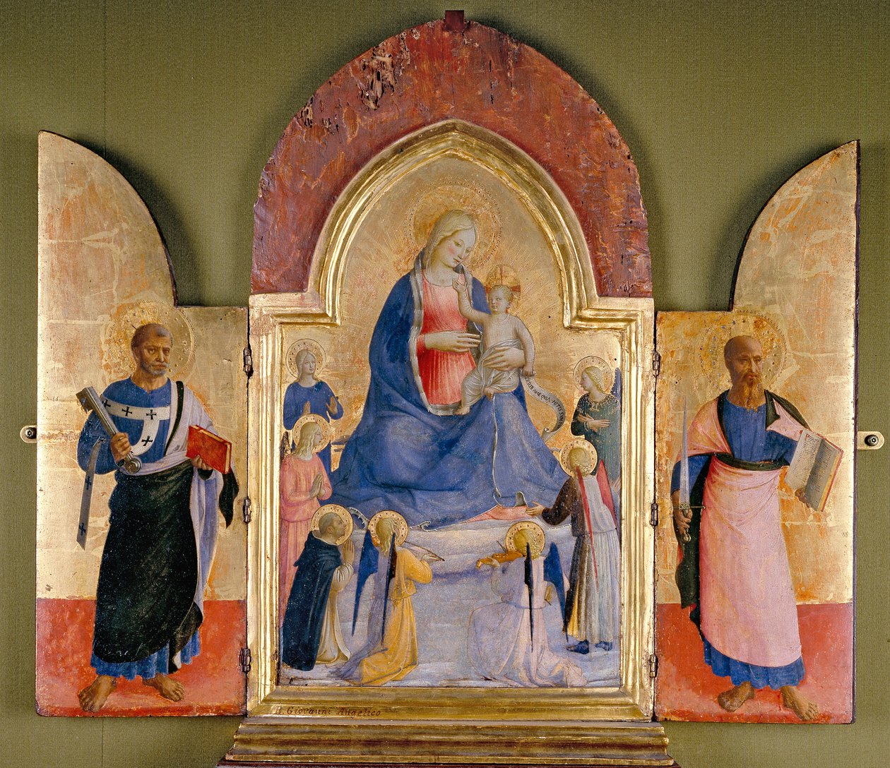 Virgem e Menino com Anjos e Santo Dominicano, São Pedro à esquerda, São Paulo à direita, século XV de Studio of Fra Angelico