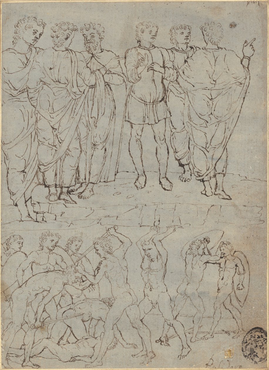 Seis Homens Conversando e Dez Nus Combatentes de Studio of Francesco Squarcione