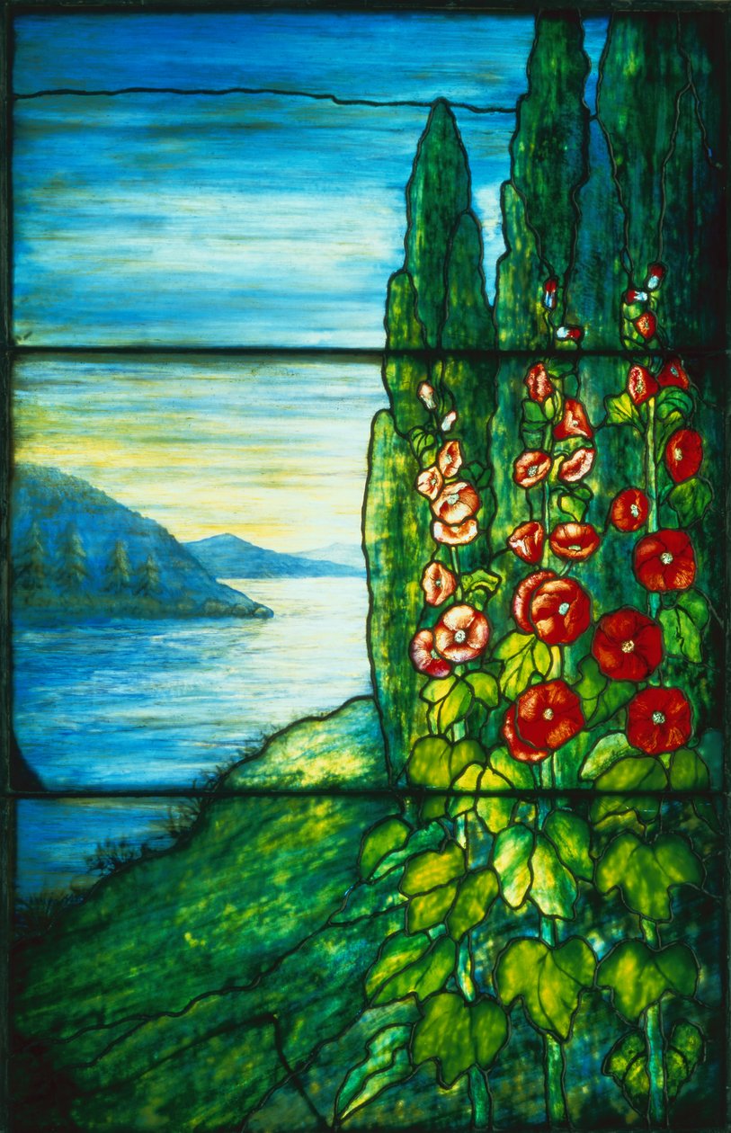 Cena do lago com malvas-rosa em flor (vitral) de Studios Tiffany