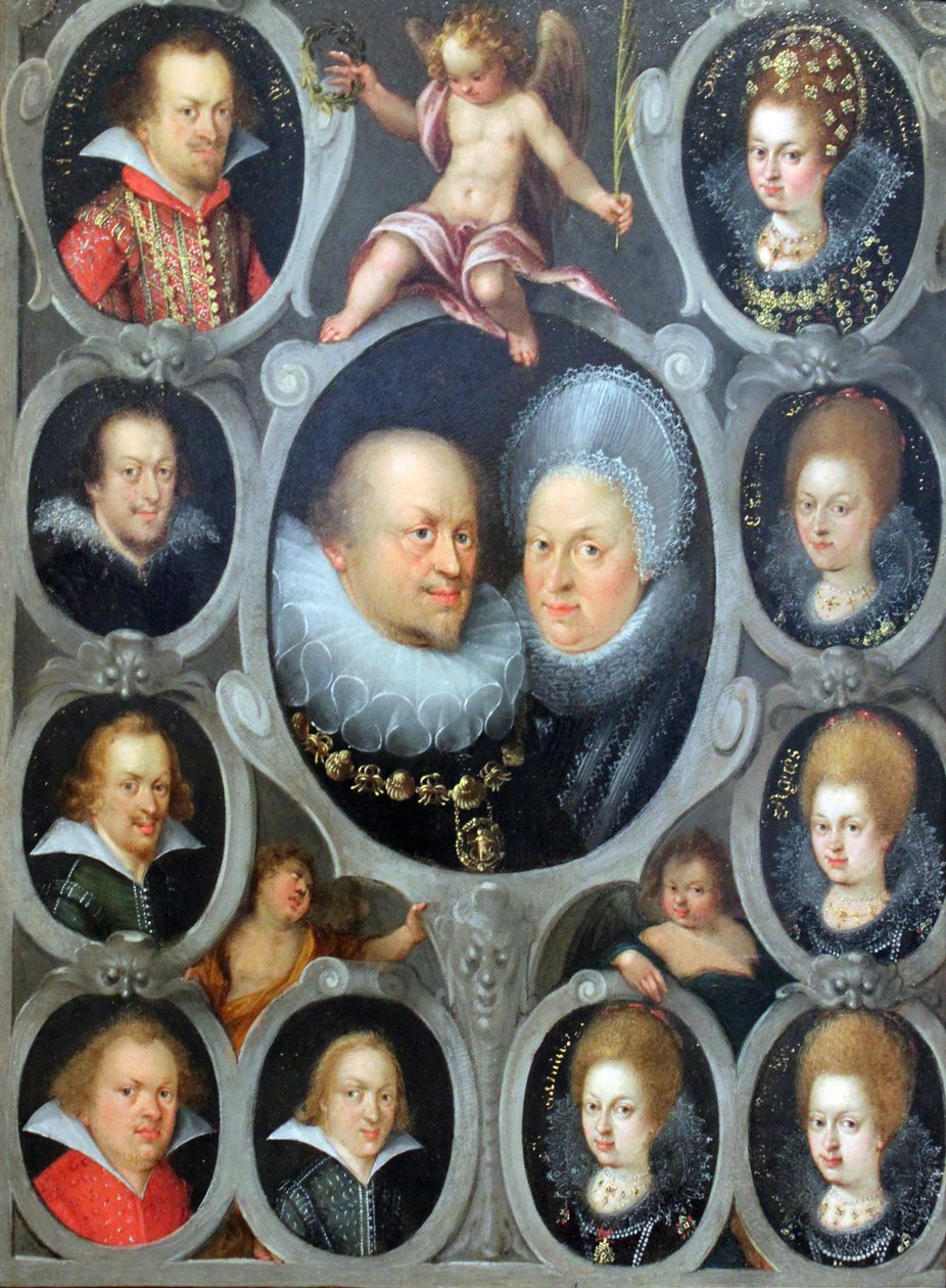Duque Friedrich I (1557-1608) (reinou 1593 - 1608) e Duquesa Sibylla de Württemberg com dez de seus filhos de Stuttgarter Hofmaler