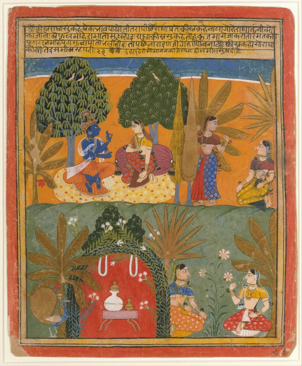 Krishna e Radha com seus confidentes: página de um Gita Govinda disperso, ca. 1655-60. de Style of Manohar