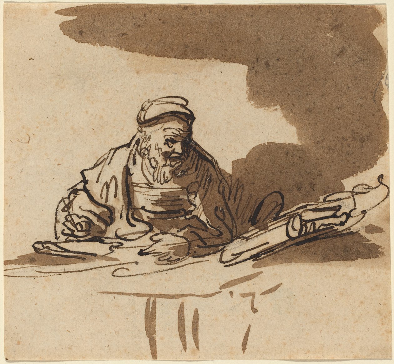 Um velho erudito em sua mesa de Style of Rembrandt van Rijn