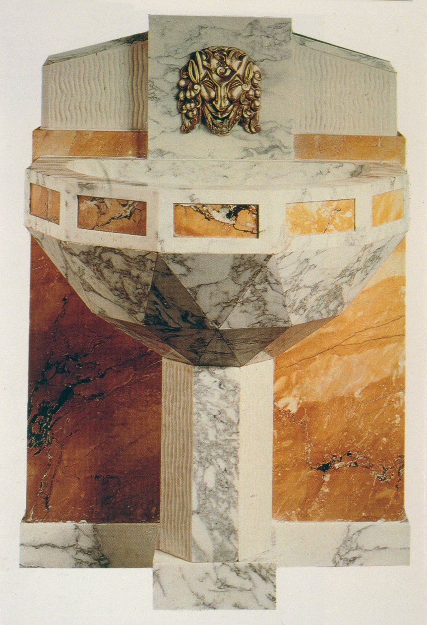 Fonte de parede decorada com máscara de um sátiro em bronze dourado, c.1925 (mármore) de Sue et Mare