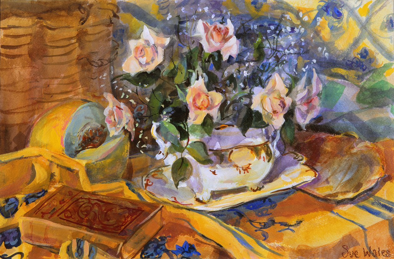 Rosas cor-de-rosa em prato de Gayes, 1995, de Sue Wales