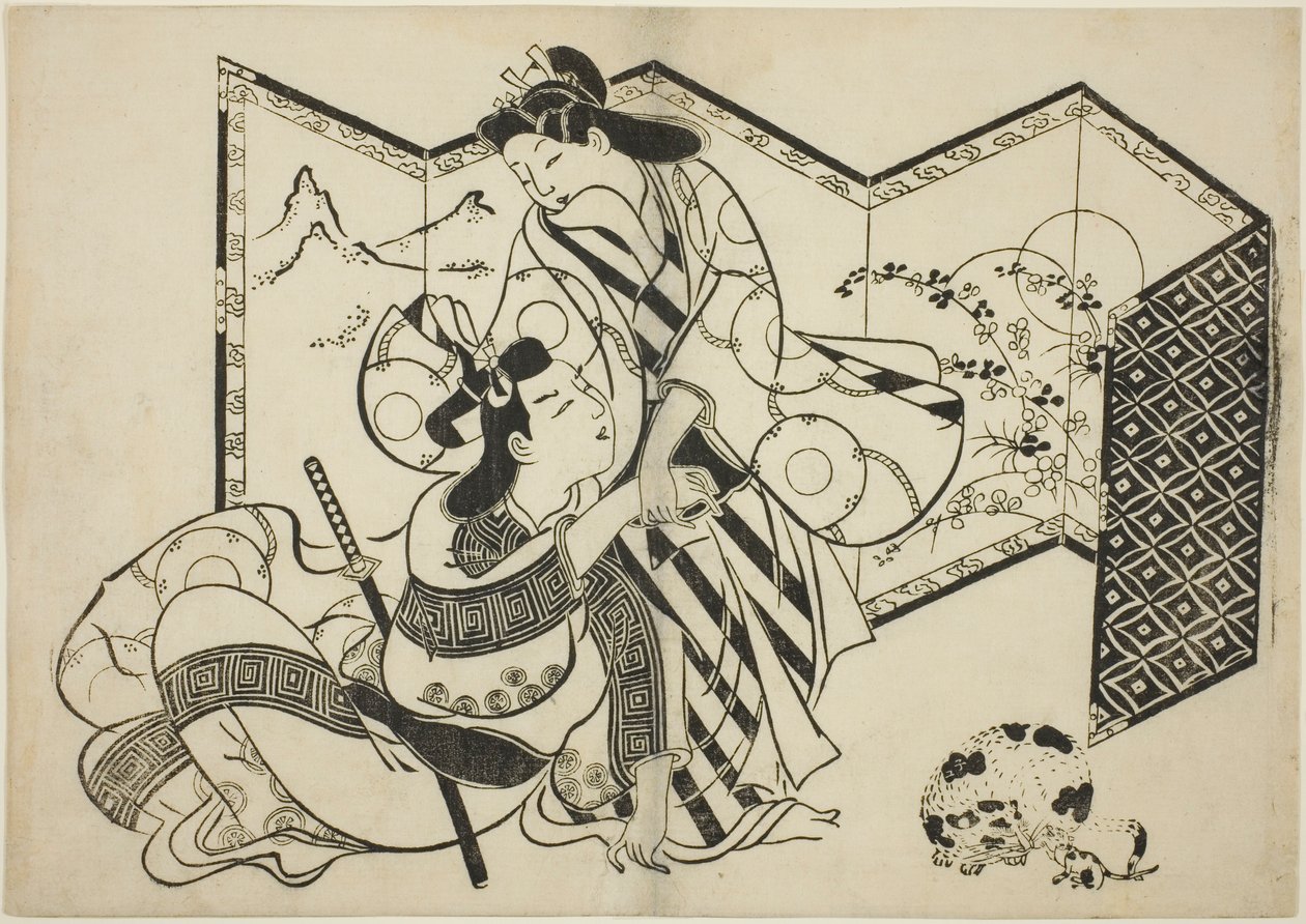 Amantes, um gato e um rato na frente de uma tela dobrável de Sugimura Jihei