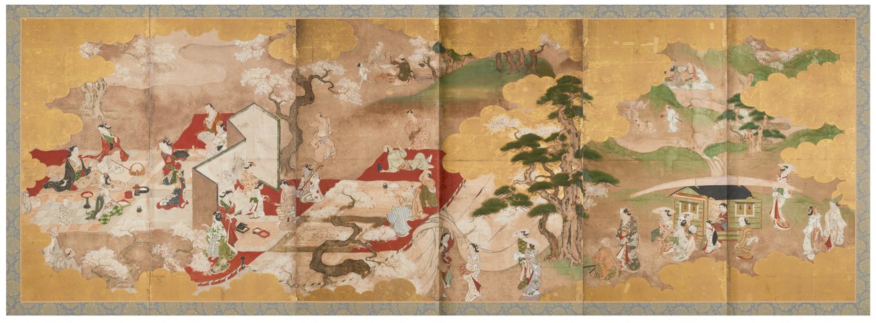 Piquenique sob cerejeiras em flor e
Passeio de barco no rio, meados do século XVIII (par de telas de seis painéis; tinta, cor e ouro
sobre papel) de Sukenobu Nishikawa