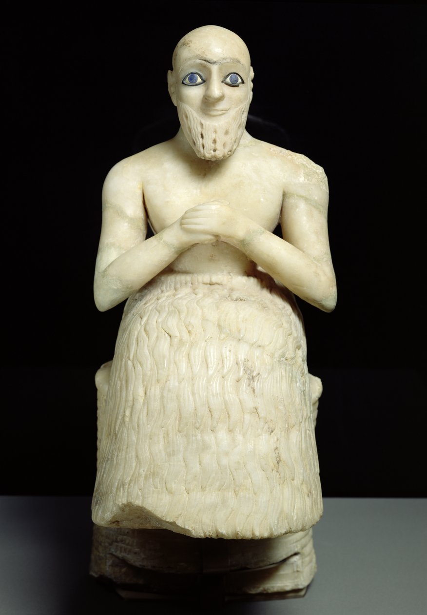 Estátua do oficial Ebih-Il, do Templo de Ishtar em Mari, Iraque, Médio Eufrates, período dinástico inicial, c.2500 aC (gesso e lápis-lazúli) (ver também 121796) de Sumerian