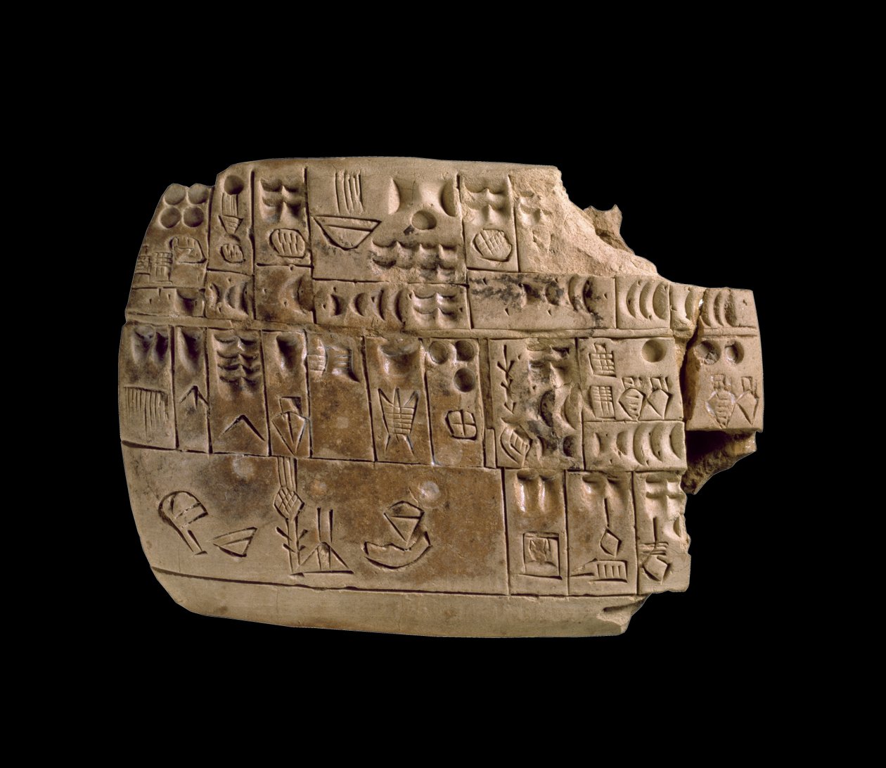 Tabuleta de Jamdat Nasr no Iraque, listando quantidades de várias mercadorias em Suméria arcaica (escrita cuneiforme inicial) c.3200-3000 aC (argila) de Sumerian