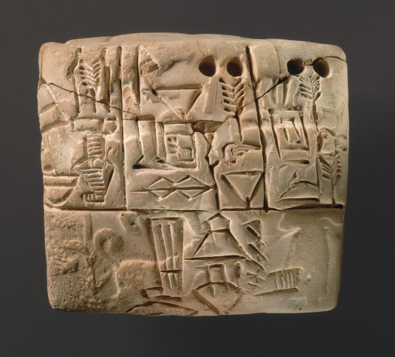 Tabuinha cuneiforme mostrando relatos da distribuição de cevada, c.3000 aC (argila) de Sumerian