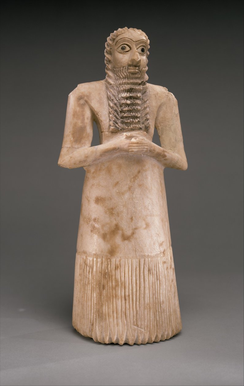 Adorador Masculino Permanente, Dinastia Primitiva, c.2900-2600 aC (alabastro de gesso, concha, pedra calcária preta, betume) de Sumerian