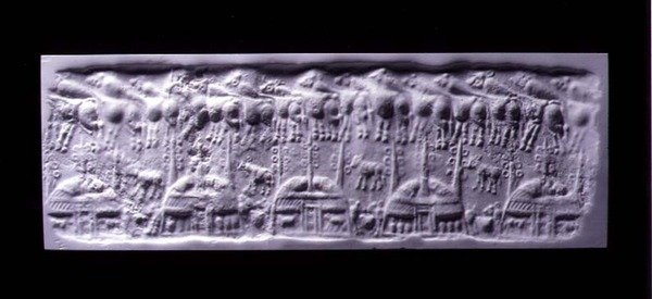 Impressão de selagem de cilindro com cabo, Uruk (agora Warka, Iraque), c.3300-3000 BC (gesso) de Sumerian Sumerian