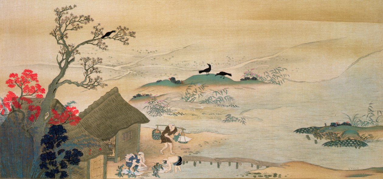 Camponeses que colhem vegetais perto de Kyoto na Idade Média, impressos na revista &39;The Kokka&39;, 1900-01 de Sumiyoshi Hirozumi Gukei