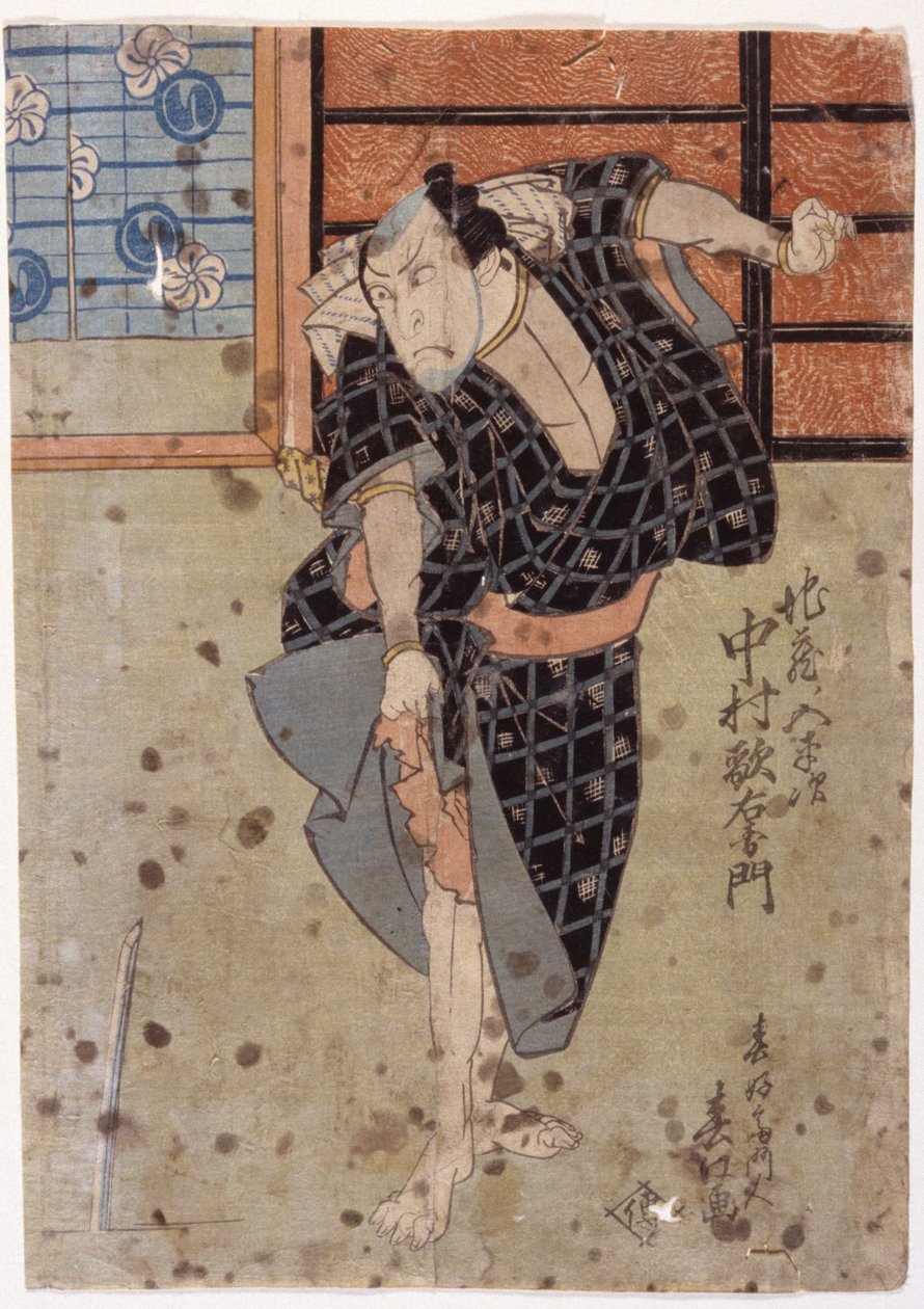 Nakamura Utaemon Iii Como Seu Marido Jizo No Goheiji, da peça Hanafubuki Utanonadokoro (impressão a cores de blocos de madeira) de Sunbaisai Hokuei