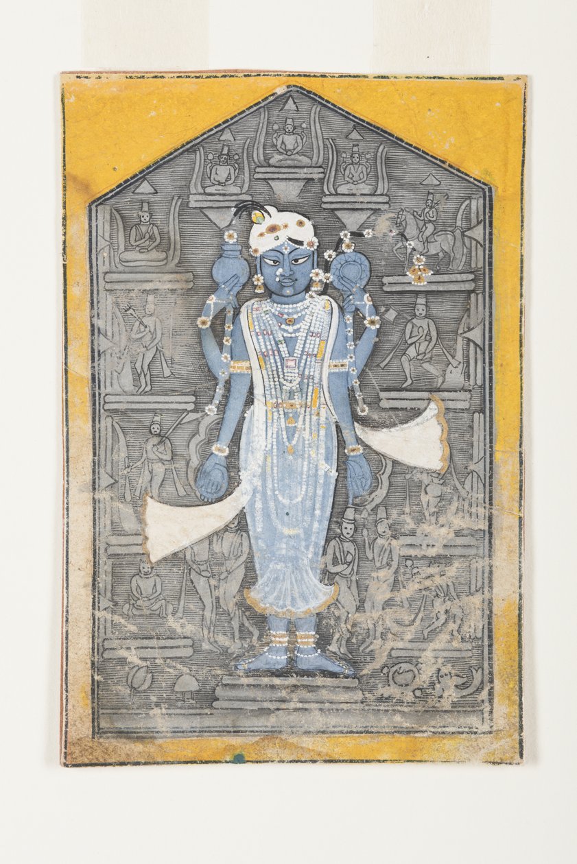 Uma imagem de Vishnu cercada por baixo-relevos de seus avatares, c.1780 (wc opaca e ouro sobre papel) de Surdhaj Nanag Ram