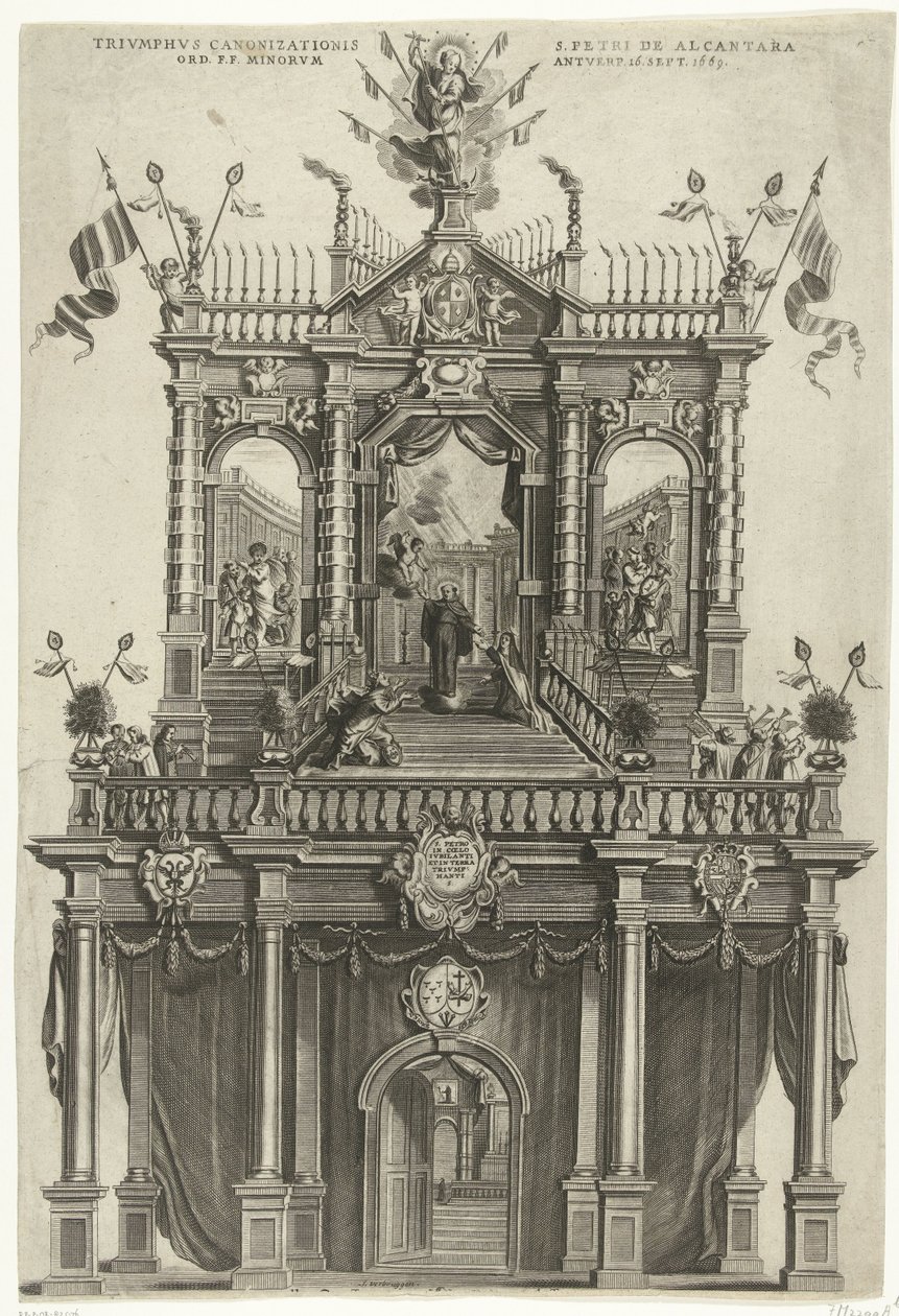 Porta triunfal erguida em Antuérpia por ocasião da canonização de Pedro de Alcântara em 1669
Triumphus Canonizationis S. Petri de Alcantara Ord. F.F. Minorum Antverp. 16 Sept. 1669 (título sobre o objecto) de Susanna Verbruggen (signed by artist)