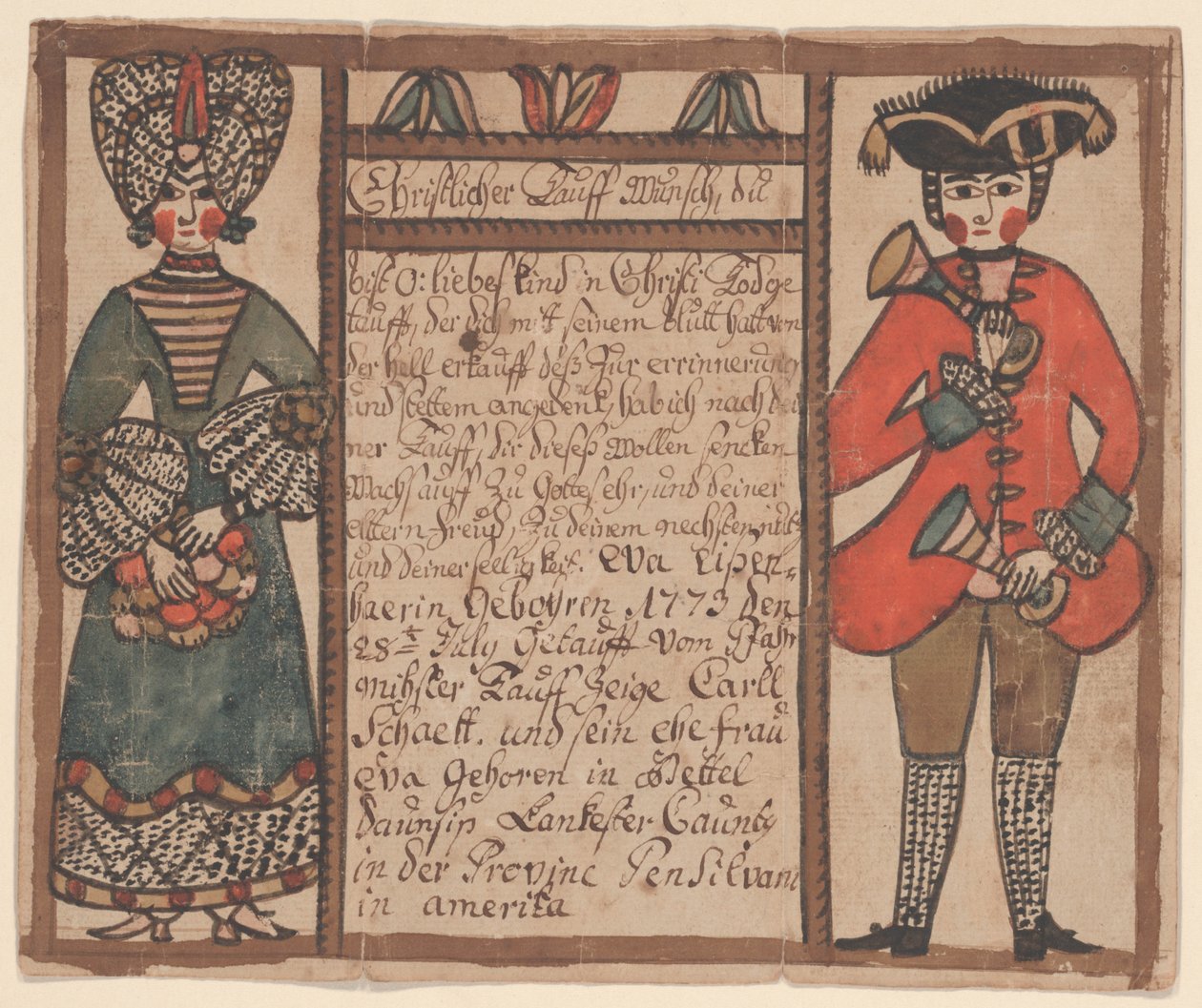 Certificado de nascimento e batismo para Eva Eissenhaer, c.1773 (caneta e tinta e wc no papel) de Sussel Washington Artist