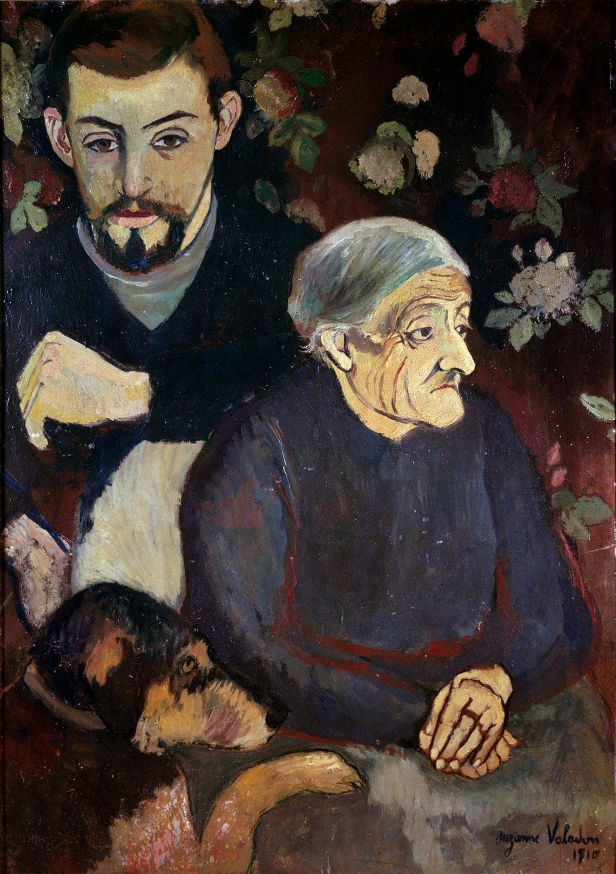 Retrato do pintor Maurice Utrillo, da sua avó e de um cão Pintura de Suzanne Valadon (1865-1938) de Suzanne Valadon