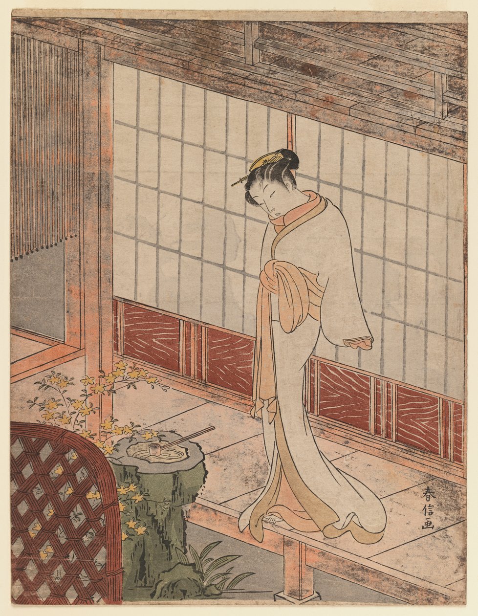 Cortesã em traje de noite em pé na varanda, c.1767 (impressão xilogravura colorida) de Suzuki Harunobu