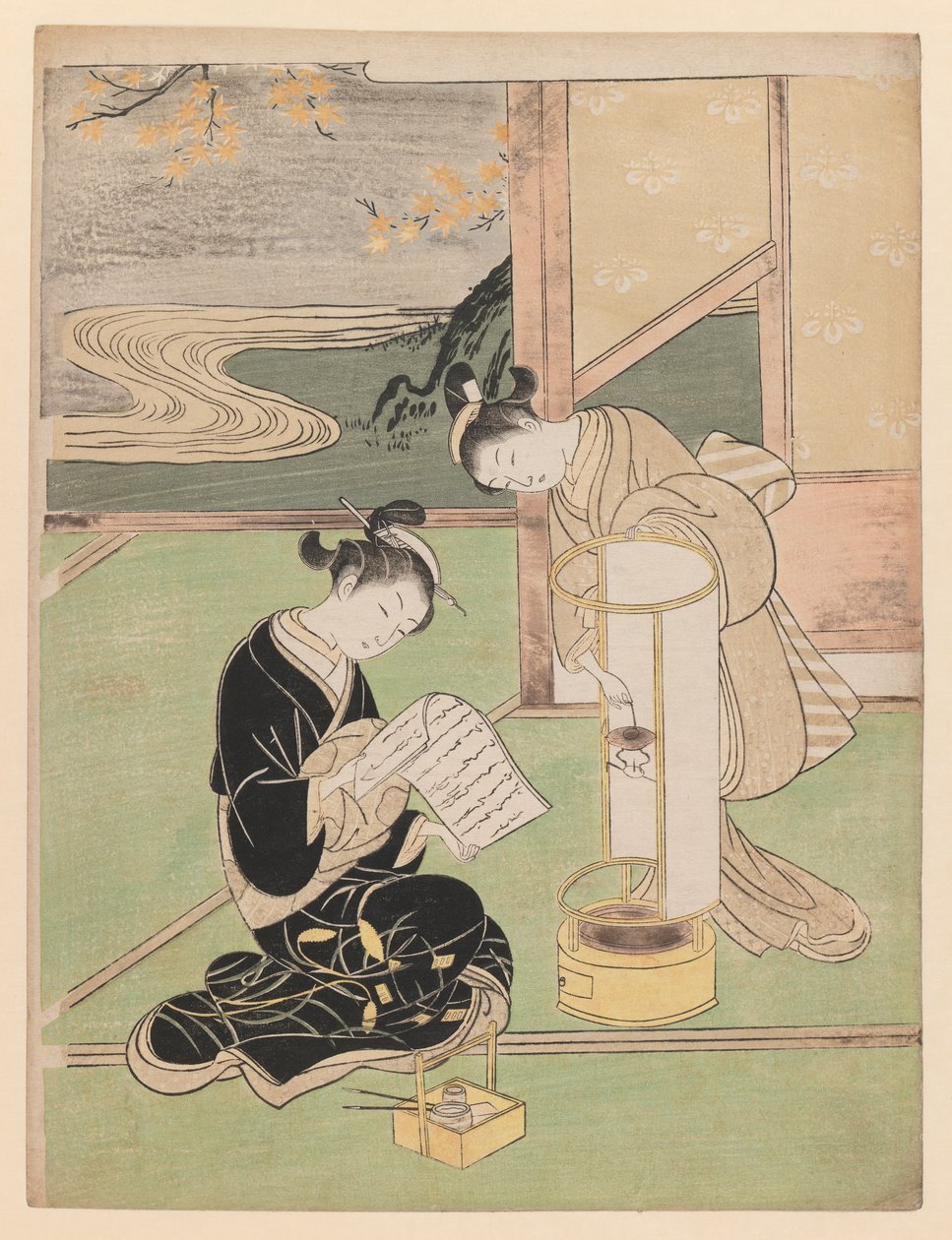Brilho Noturno na Noite-Luz Coberta de Papel, da série Oito Visões de Salão, 1766 (impressão em xilogravura a cores) de Suzuki Harunobu