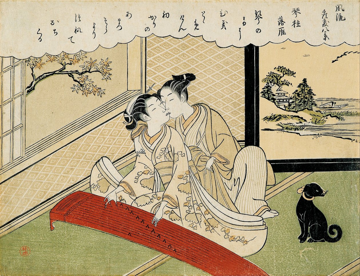 Gansos que descem nas pontes de koto (Kotoji rakugan) de Suzuki Harunobu