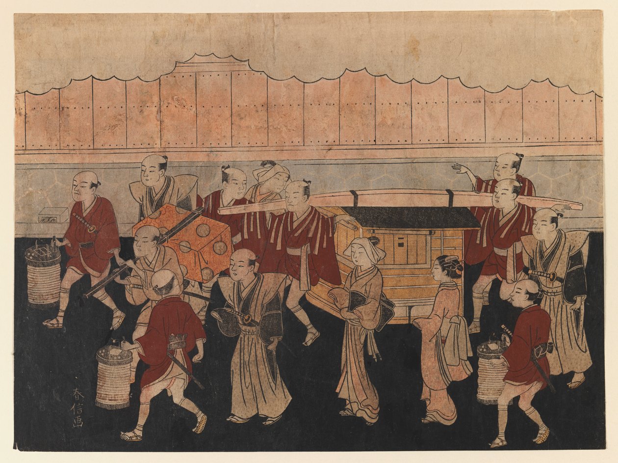 A viagem das noivas a sua casa dos maridos, da série as cerimônias do casamento, c.1768 (impressão do woodblock da cor) de Suzuki Harunobu