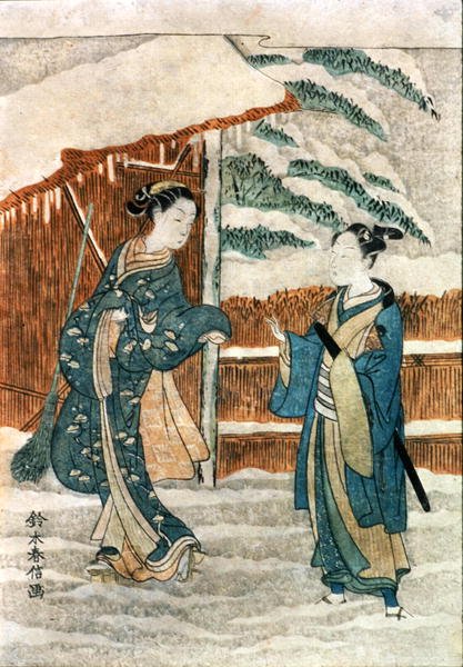 Duas senhoras por um lago (tinta e guache sobre papel) de Suzuki Harunobu