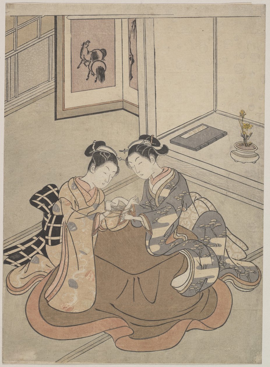 Duas mulheres jovens sentadas por um berço de gato jogando Kotatsu de Suzuki Harunobu