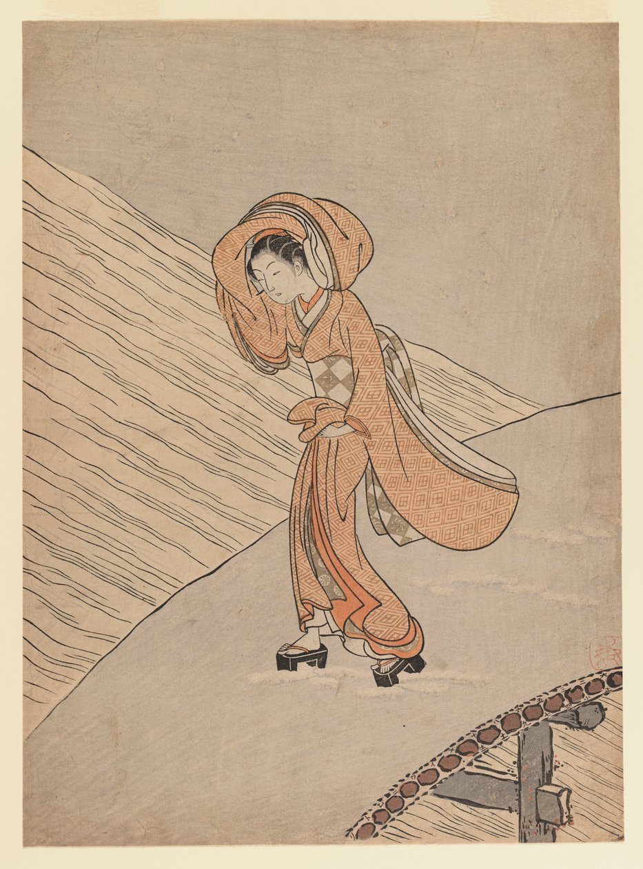 Menina atravessando uma ponte depois da neve: Ano do calendário do segundo ano de Meiwa, 1765 (impressão de woodblock de cor) de Suzuki Harunobu